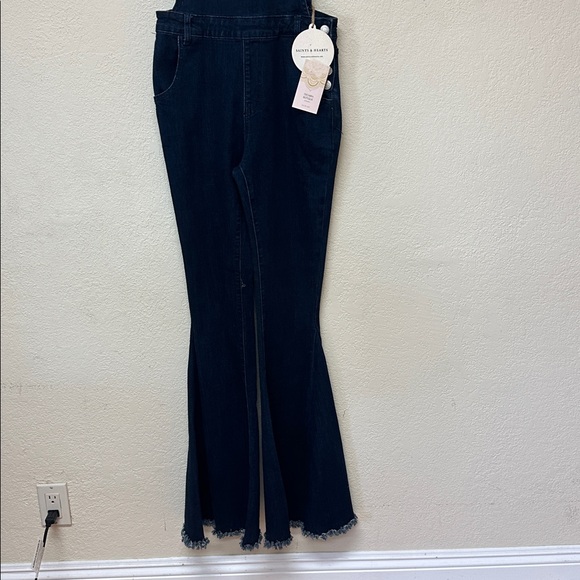 Saint & Hearts NWT boho Blue Flared stretchy Overalls size M - Picture 2 of 4